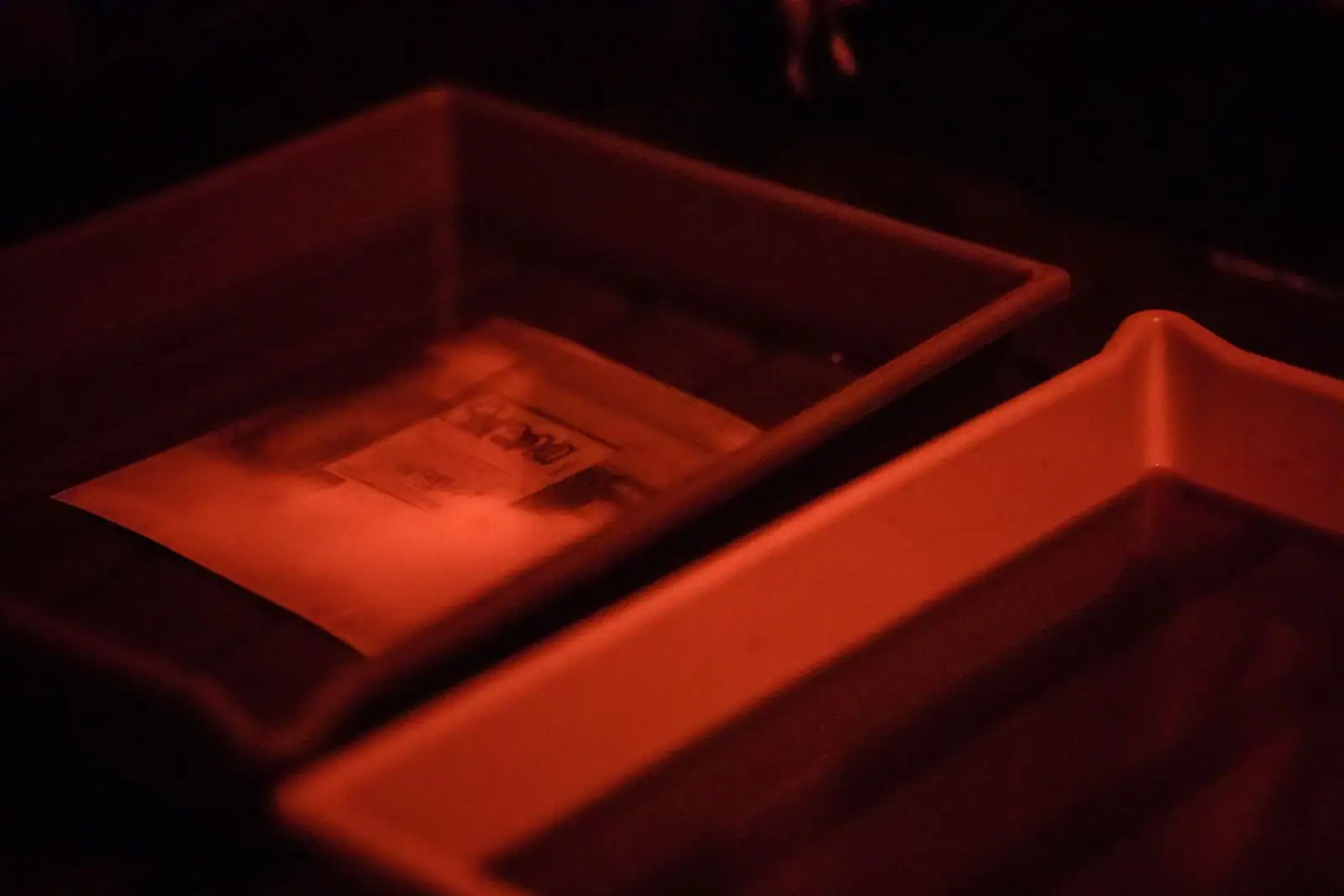 Des bacs de développement sous lumière rouge inactinique, avec un tirage photo en cours de révélation.