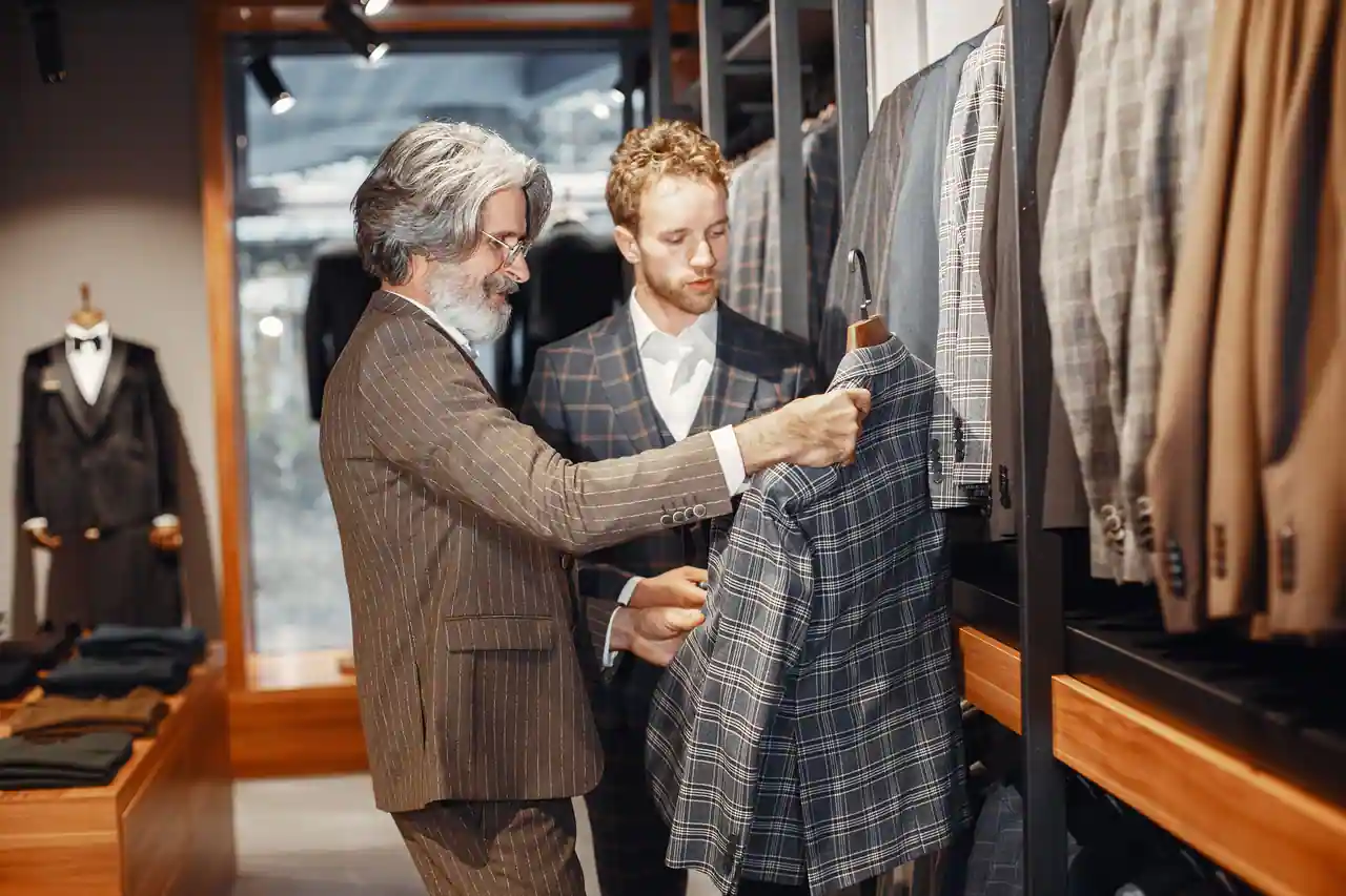 Un vendeur présente un costume à un client dans une boutique de tailleur parisienne, tenue à louer