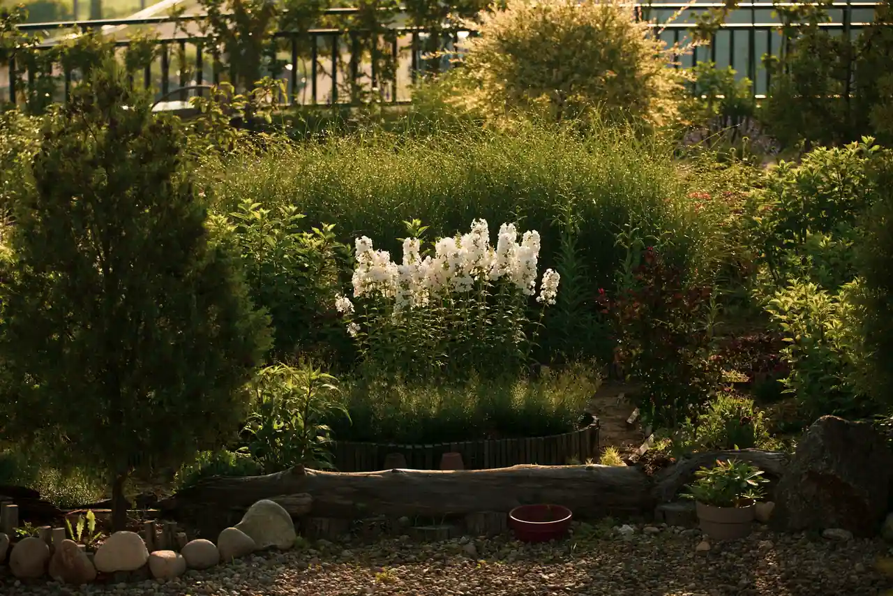 Un jardin verdoyant et soigné, massifs fleuris et allées, sous une lumière douce de fin de journée.
