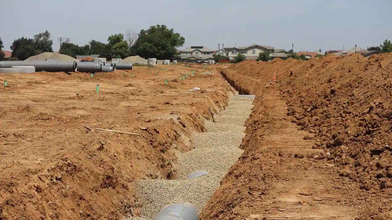 Tranchée de réseaux ouverte dans un lotissement, éléments béton préfabriqués posés en attente
